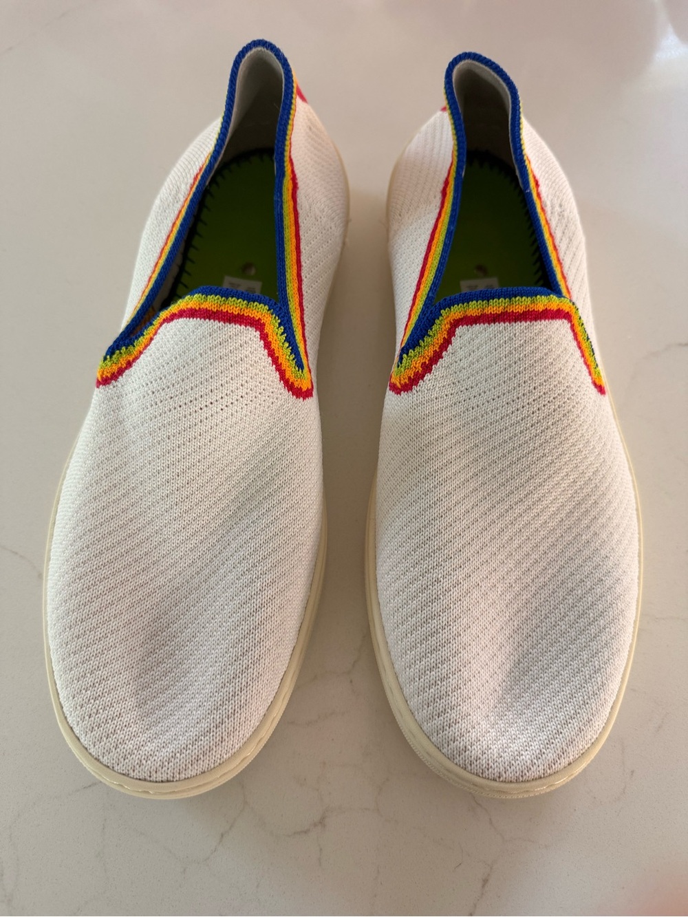 White Slip-On Knit Women’s Sneakers with Rainbow Trim